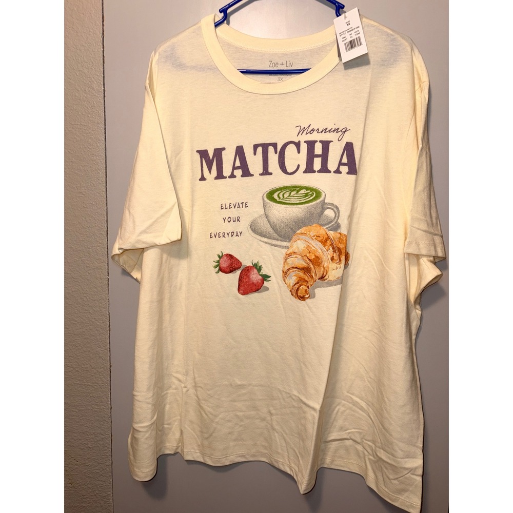 Zoe + Liv Morning Matcha Graphic Tee Cream Yellow Plus Size 3X New With Tags